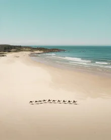 Photo art by Fin Matson: tranquil beach with gentle waves and blue sky.