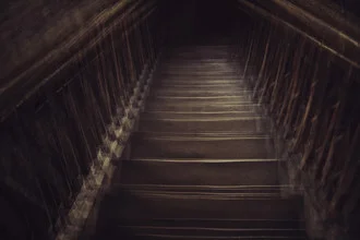 Wooden stairs leading gently downward, featuring calm earthy tones