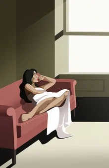 Illustration von Helene Boutanos: Frau auf einer Couch in gemütlicher Umgebung