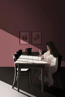 Wall art by Helene Boutanos: a woman enjoying her coffee in a stylish dining room