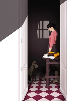 Illustration by Helene Boutanos: a stylish woman with a dog in harmonious colors