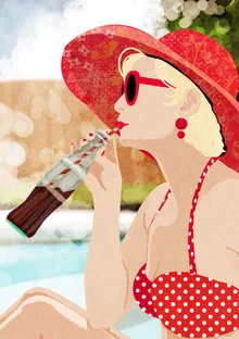 Illustration von Katherine Blower: eine Frau am Pool mit einem Getränk im Retro-Stil