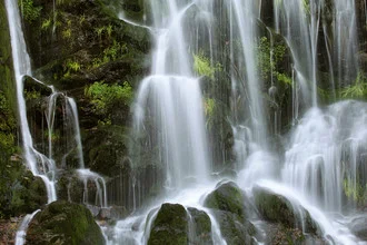 Fotokunst von Jürgen Wiesler: ruhiger Wasserfall inmitten des Schwarzwalds