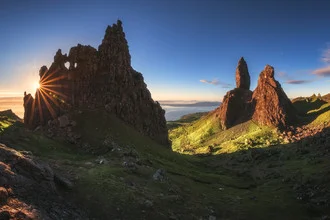 Panorama of the Old Man of Storr at sunrise in the Scottish Highlands