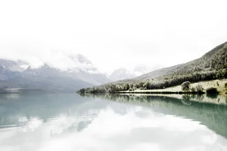 Photo art by Sebastian Worm: serene glacier lake in Norway with clear reflection