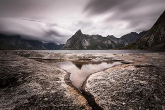 Photo art by Sebastian Worm: serene Lofoten landscape with mountains and water