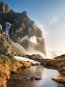 Photo art by Thomas Kleinert: Fog over the peaks of Pic du Midi in soft morning light.