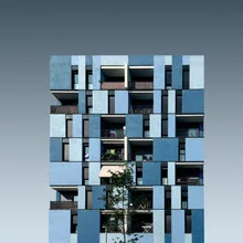 Photo art by Pau Iglesias: blue architecture with windows and trees in Barcelona