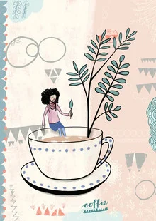 Illustration von Constanze Guhr: Frau mit Kaffeetasse in entspannter Atmosphäre