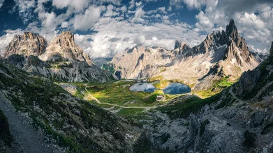 Photo art by Martin Morgenweck: panoramic view of the Dolomites with a tranquil lake