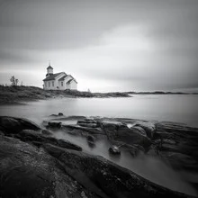 Photo art by Dennis Wehrmann: old wooden church in Gimsøy, Norway, calm atmosphere.