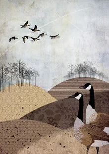 Wall art featuring soft colors and autumn geese in a tranquil landscape