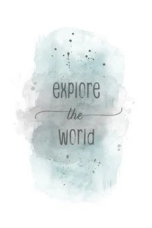 Wall art featuring a watercolor world map in turquoise with an inspiring phrase.