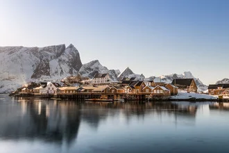 Photo art by Sebastian Worm: calm scene with colorful boat houses in Norway