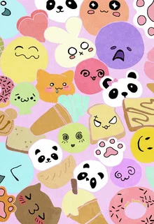 Wall art featuring a colorful pattern of cute squishies in various shapes.