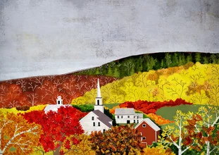 Wandbild von Katherine Blower: herbstliche Landschaft mit bunten Bäumen und einem kleinen Dorf.