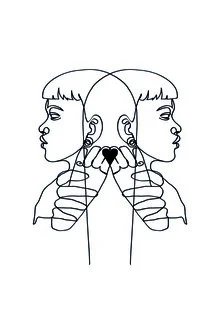 Illustration by Julia Hariri: stylized woman with heart and love in soft lines.