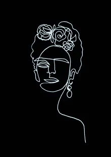 Illustration of a woman in black and white, inspired by Frida Kahlo.