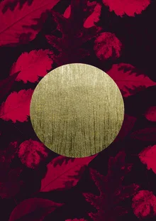 Wall art featuring a golden moon over a red background, creating a calm atmosphere.
