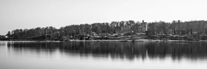 Black and white photo art by Sebastian Rost: Castle Babelsberg by the Havel river