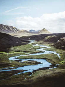 Photo art: River in the Highlands of Iceland, surrounded by lush greenery