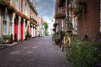 Idyllische Straße in den Niederlanden mit bunten Blumen und Fahrrädern