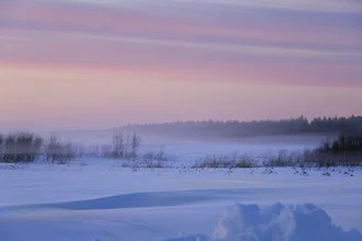 Winter Fotokunst: verschneite Landschaft mit einem Pastellfarbenen Himmel