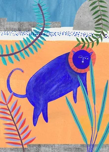 Colorful wall art by Anja Bartelt: blue lion in a jungle filled with plants