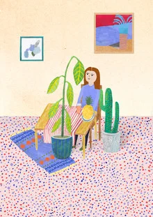 Illustration of a girl sitting at a desk with a pineapple