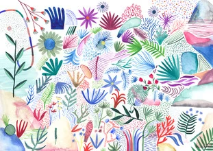 Colorful wall art: tropical plants in vibrant colors, evoking a jungle atmosphere.