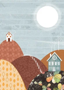 Wall art featuring colorful hills and houses, whimsical landscape by Katherine Blower