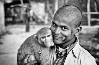 Photo art by Victoria Knobloch: two monkeys sharing a moment by the Ganges in India.