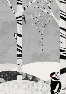 Wall art by Katherine Blower: stylized woodpeckers on birch tree in winter
