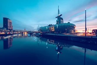 Photo art by Franz Sussbauer: Bremerhaven at blue hour with calm water surface