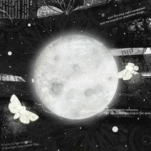 Illustration von Katherine Blower: Motten fliegen über den Mond in einer träumerischen Nacht.