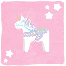 Wall art by Katherine Blower: cute pink unicorn in Scandinavian style.