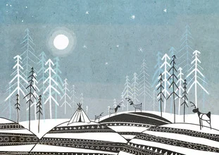Illustration von Katherine Blower: Winterlandschaft mit Zelten und Rentieren