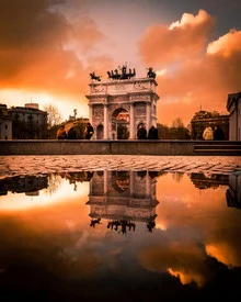 Photo art by Vincenzo Romano: Arco della Pace with reflective water in the evening light
