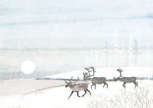 Wall art by Katherine Blower: a serene herd of reindeer in a snowy landscape