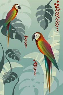 Wall art by Sabrina Ziegenhorn depicting parrots in a jungle among tropical plants.
