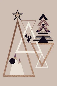 Abstrakte Illustration mit rosafarbenen Dreiecken und Weihnachtsbaum-Motiv.