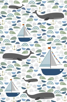 Illustration von Walen im Meer, sanfte Wellen umgeben die maritimen Kreaturen.