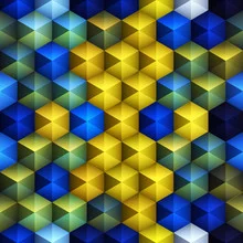 Buntes Wandbild mit geometrischen Mustern in Gelb, Blau und Grün.