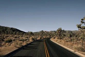 Fotografie von einer Straße durch die Wüste mit sanften Hügeln und klarem Himmel.