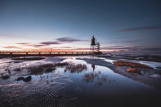 Photo art by Franz Sussbauer: lighthouse at sunset, soft colors and tranquil mood