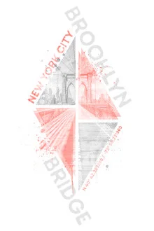 Wall art: geometric depiction of the Brooklyn Bridge in vivid coral tones