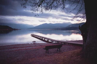 Photo art by Franz Sussbauer: tranquil scene with jetty and mountains at Tegernsee