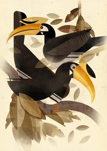 Illustration eines Nashornvogels in fröhlichen Farben, ideal für Kinderzimmer.
