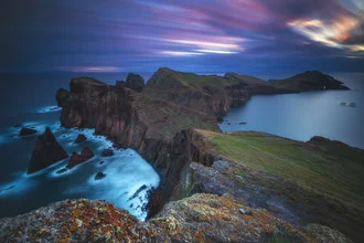 Photo art: Coastal landscape at sunrise with rocks and clouds