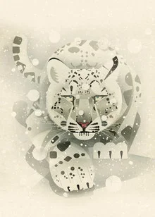 Illustration eines Schneeleoparden, sanfte Farben und freundliche Ausstrahlung.